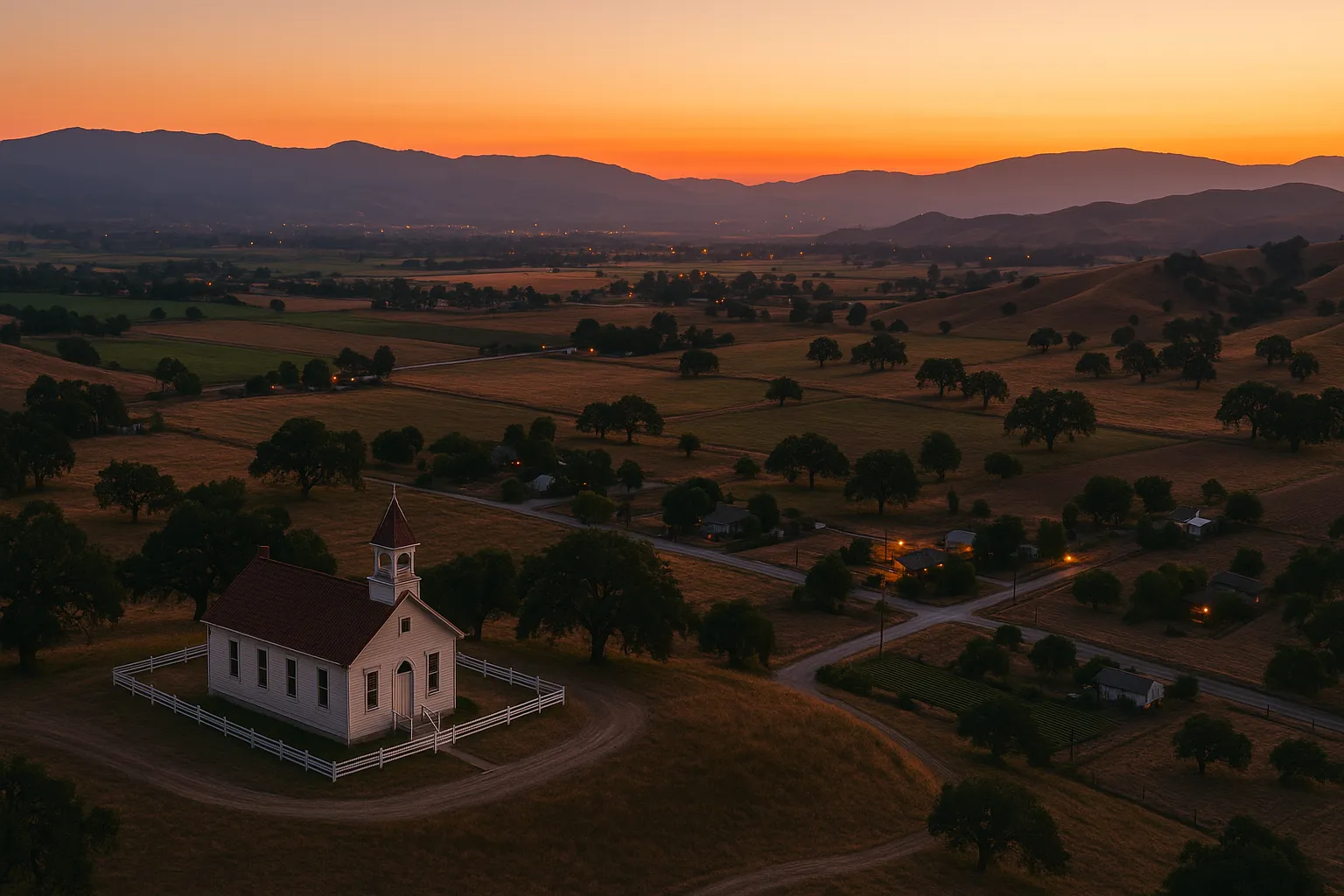 Landscape aerial at twilight of Tres Pinos capturing the historic white-painted schoolhouse with fence in the foreground, rural roads and oak-dotted fields extending behind, rolling hills on the horizon, and a golden-orange sunset sky transitioning to soft blues.